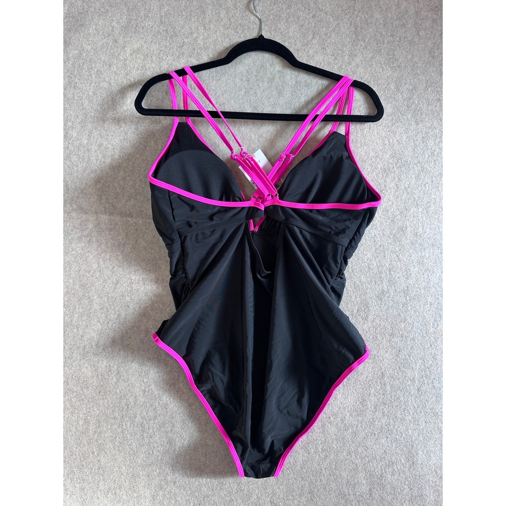 B2PRITY Womens One Piece Swimsuit Black Neon Pink Strappy V-Neck Size 2XL NWT